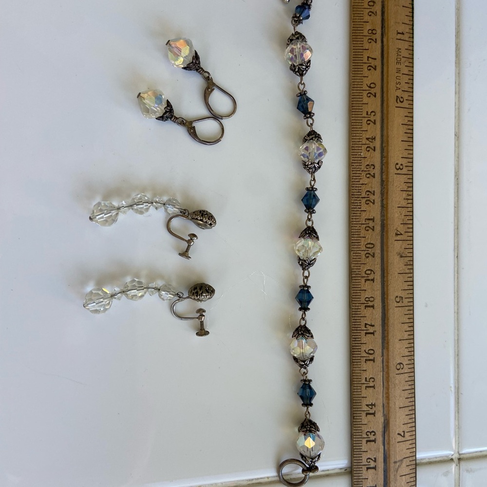 Vintage Crystal and Blue Bead Bracelet with 2 pair matching earrings